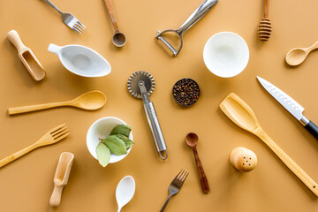 Pattern of kitchen utensils and cookware. Flat lay, top view - obrazy, fototapety, plakaty