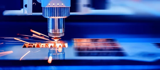 Tuinposter CNC Laser Metallurgy milling plasma cutting of metal engraving. Concept background modern industrial technology. © Parilov