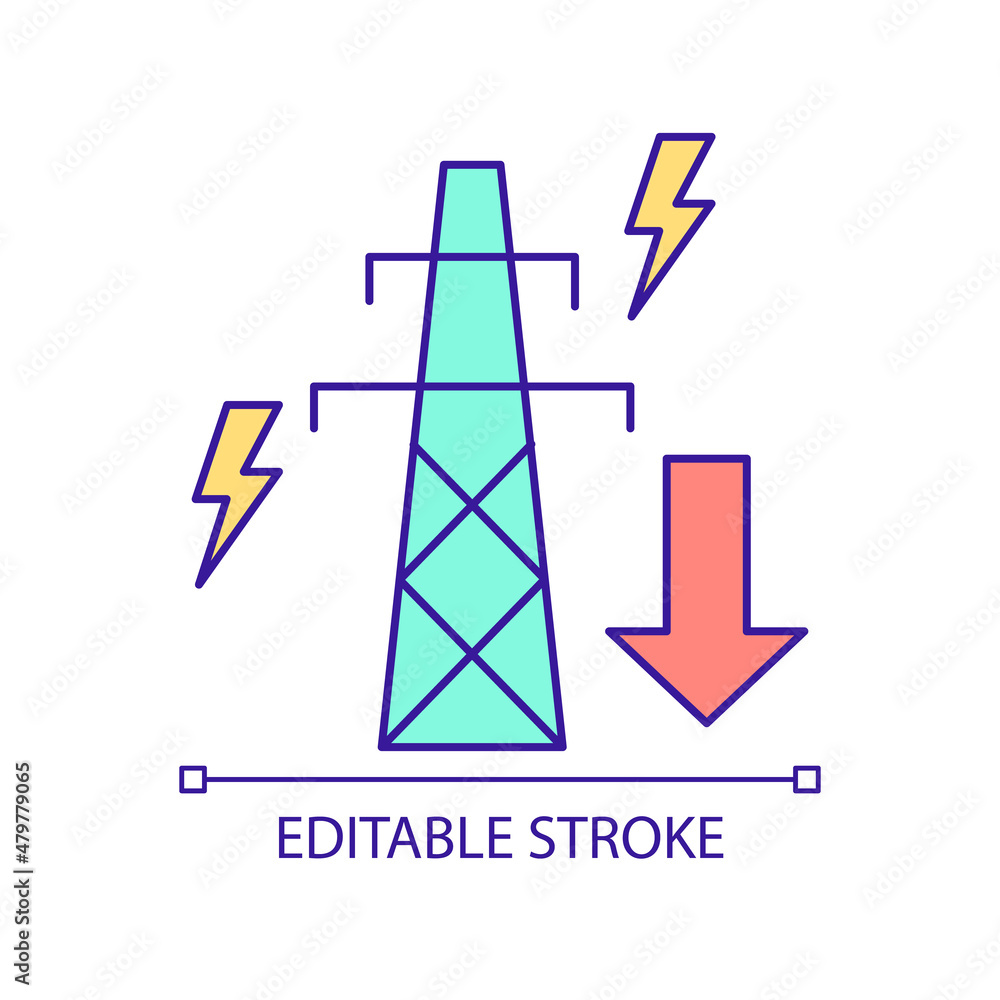Poster reduction of peak demand rgb color icon. power transmission lines balance. smart grid component. iso