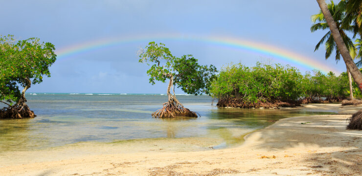 Colorful rainbow over caribbean sea .Travel background.