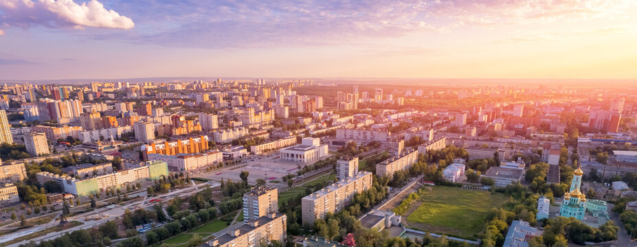 Aerial view panorama sunset city Perm Russia, drone photo