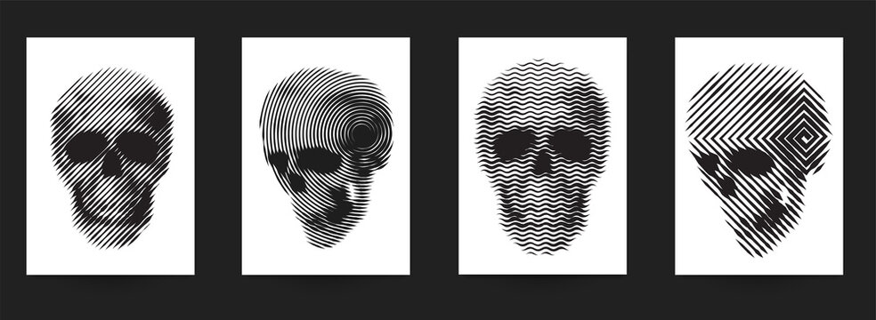 Set of hand drawn art composition with skulls in monochrome vintage style isolated on white background. Collection templates for banner, poster, tattoo. Modern design elements. Vector illustration.