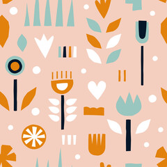 Abstract flowers seamless pattern. Cute vector background with tulips. Modern style