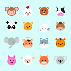 set of animal head illustrations in a cute style. a collection of animal cartoons in a vector graphic. a funny element decoration in a flat drawing.