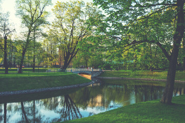 Saint Petersburg, Russia. Spring park, green leaves by the trees and pond. St Petersburg in the spring. Nature of Russia.