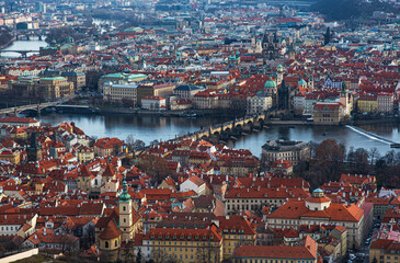 Rooftop view over historical center of Prague, Czech republic, Prague Castle. Romantic travel destination. Vintage filter of image.