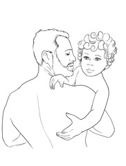A small child in the arms of his father. A man holds a baby. A girl or a boy with light curly hair.  Illustration or print for Father's Day