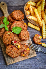 Home made  oven baked meatballs  from  chicken and vegetables and french potato  fries on  wooden background.Bifteki, or spicy meatballs 