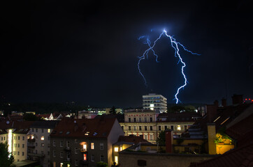 lightning strike at night over the city Graz, Styria, Austria