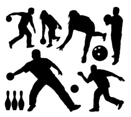 male and female playing bowling sport silhouette