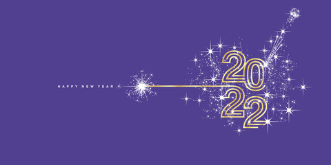 New Year 2022 golden triple line design typography light firework champagne purple background greeting card
