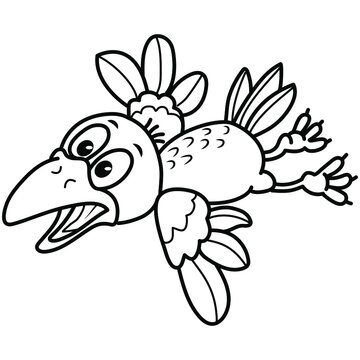 Cute cartoon crow. Black and white vector illustration for coloring on a white background.