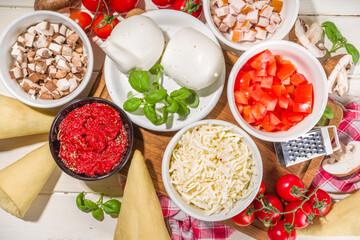 Cooking trendy Cone pizza background, modern pizza recipe, with tomatoes, basil, mozzarella cheese, baked pizza cones dough, ham and mushrooms