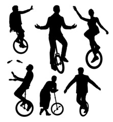 male and female people playing one wheel bicycle silhouette © ComicVector