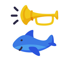 Trumpet and Blue Shark as Colorful Kids Toy Vector Set