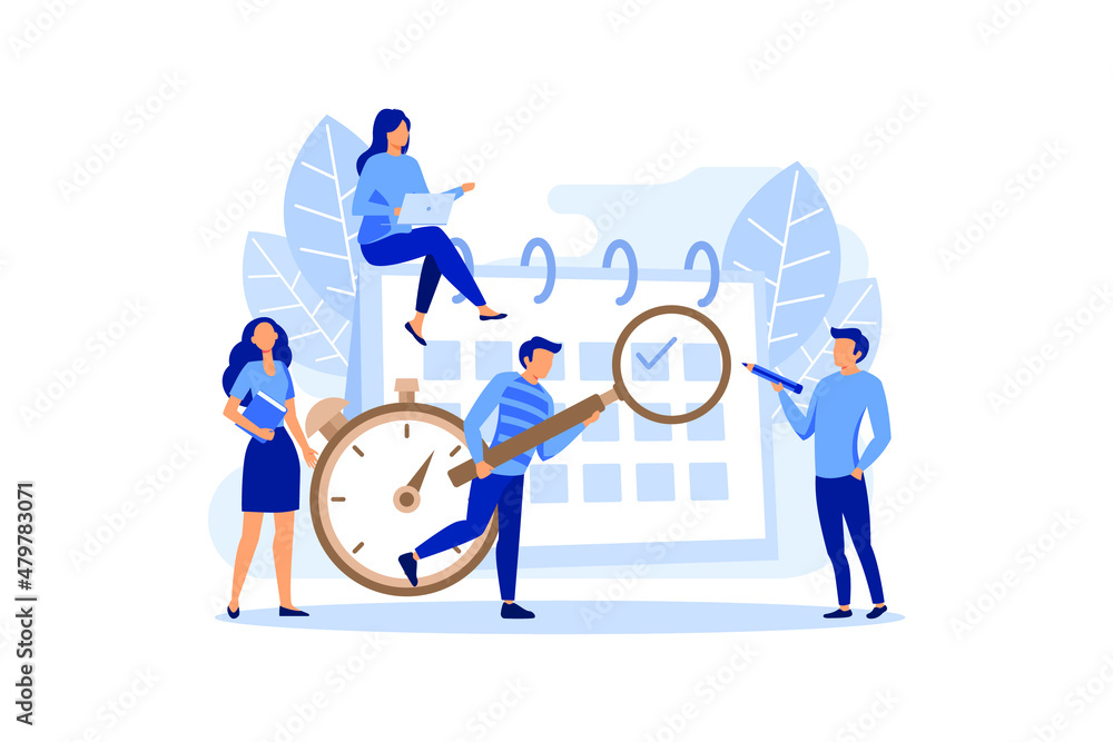 Poster little people characters make an online schedule in the tablet. design business graphics tasks sched