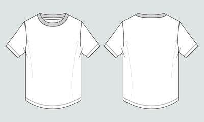 Short Sleeve With Round Bottom T-shirt technical fashion Flat Sketch Vector Illustration Template Front And Back views. Basic apparel design Mock up CAD easy editable and customizable.