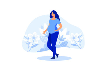 a pregnant woman expecting a baby around the flowers. flat vector illustration