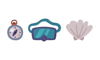 Compass, Diving Goggles and Sea Shell as Travel and Tourist Item Vector Set