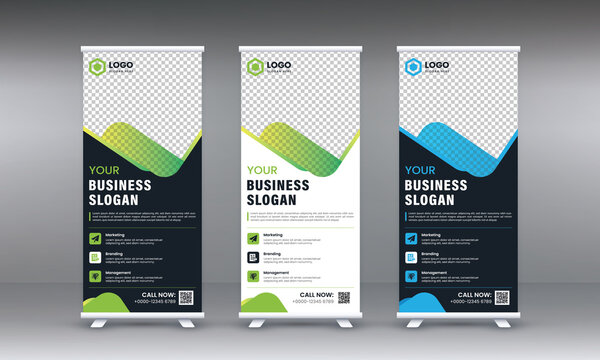 Corporate rollup banner template, advertisement, pull up, polygon background, vector illustration, business flyer, and display banner for your Corporate  business, company, and restaurant with 3 color
