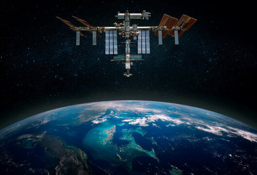 The International Space Station orbiting planet Earth. Scientific space exploration using a space station.. Elements of this image furnished by NASA. 