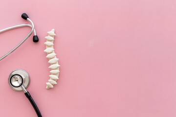 Human medical spine model with stethoscope. Health spinal column care
