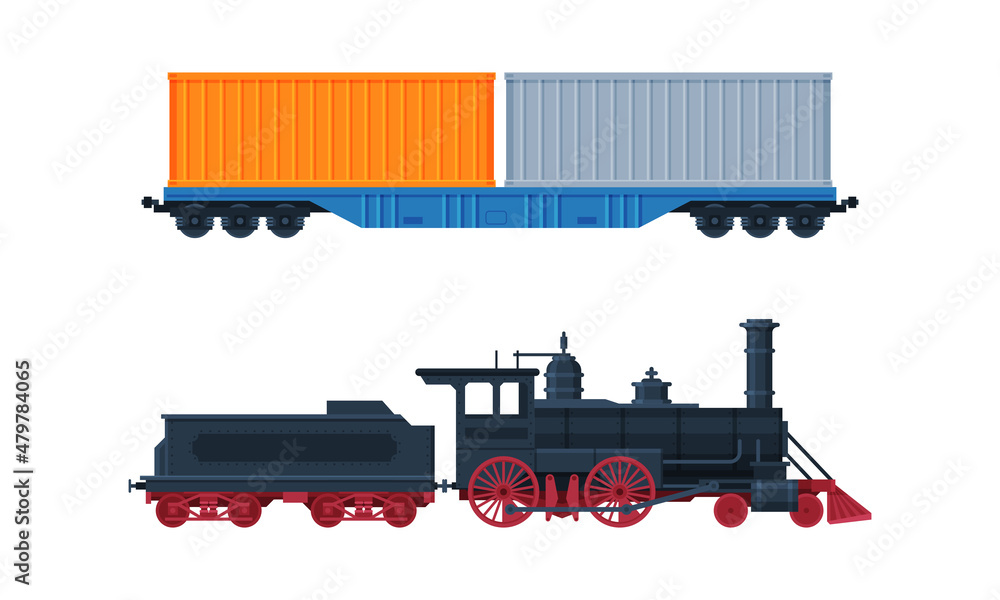 Sticker Train as Rail Freight and Cargo Transport Service Vector Set