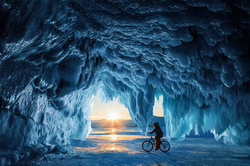 Winter Siberian image. Icy cave on Lake Baikal at sunrise. The silhouette of a cyclist in the backlight.