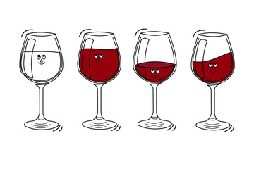 Red wine glassware with smile face on white background. Cartoon sketch graphic design. Doodle style with black contour line. Cute hand drawn glass. Party drinks concept. Kawaii freehand drawing style