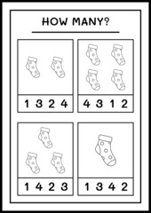 How many christmas sock, game for children. Vector illustration, printable worksheet