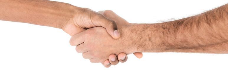 partial view of interracial men shaking hands isolated on white, banner.