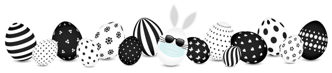 Weißes Hasenei Maske Sonnenbrille Und Ostereier Muster Schwarz Und Weiß Banner