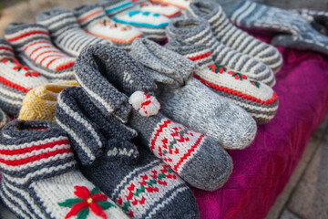 Handmade wool winter retro knitted colorful socks .