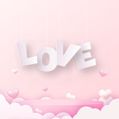 Concept of love and Valentine day with pink podium and flying clouds. Vector illustration.