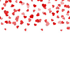 Concept of Valentine's day card with falling red hearts on white background. Vector illustration.