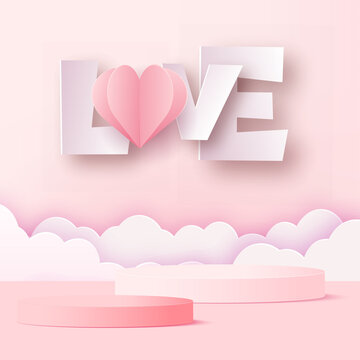 Concept of love and Valentine day with pink podium and flying clouds. Vector illustration.