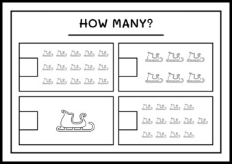 How many santa claus sleigh, game for children. Vector illustration, printable worksheet
