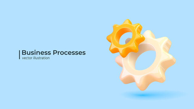 Cogwheel Business Concept. Technology Teamwork and Cooperation - Realistic 3d design. Business processes applications. Volumetric icons of Cogs. Vector illustration