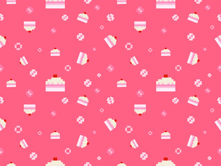 Cake cartoon character seamless pattern on pink background.Pixel style