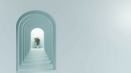 Minimalism abstract mock up arch tunnel hallway with fiddle leaf fig at the end of corridor with copy space for product promotion advertising presentation display 3D rendering illustration