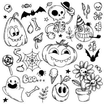vector drawing. set of illustrations on the theme of halloween in the style of 30s cartoons. black and white graphics, funny pictures of skeleton, pumpkins, ghosts and candies