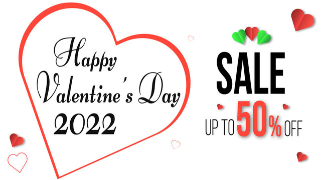 Valentine's Day Sale 50% off Poster or banner with many sweet hearts and sweet gifts on white background.