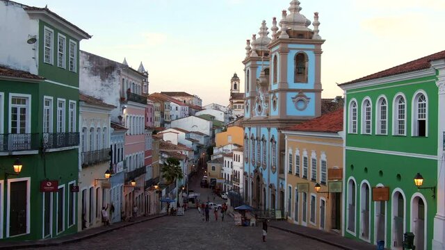 Salvador, Bahia, Brazil, aerial view of the historical district of Pelourinho showing colourful colonial buildings at twilight. 