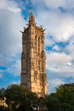Tour Saint-Jacques (Historic Monument) in Paris at sunset. Located in the 4th Arrondissement (Right Bank) it is an example Flamboyant Gothic architecture. France