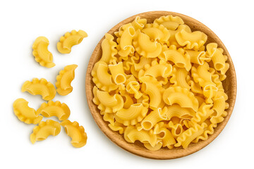 Pasta cornetti creste macaroni in wooden bowl isolated on white background with clipping path and...