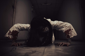 Portrait of asian woman make up ghost,Scary horror scene for background,Halloween festival...