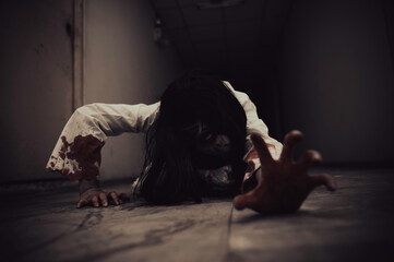 Portrait of asian woman make up ghost,Scary horror scene for background,Halloween festival...