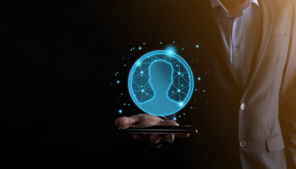Businessman holding on hand icon of user man,woman low poly polygon style. Internet icons interface...