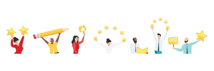 Customer feedback, testimonial, online survey concept. Group of people rating customer experience, writing review, leaving feedback. Client, user satisfaction. Isolated flat vector illustration