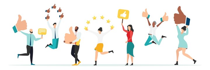 Naklejka na ściany i meble Customer feedback, testimonial, online survey concept. Group of people rating customer experience, writing review, leaving feedback. Client, user satisfaction. Isolated flat vector illustration